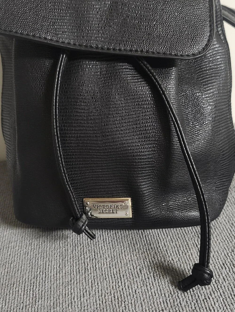 Victoria's Secret Black Textured Mini Backpack with Gold Logo Plate